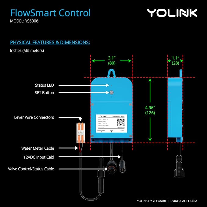 NSF Certified Pulse Meter + Shutoff Valve Kit, 1/2", FlowSmart Controller YS5006 Reads Meter Pulses, Real-Time Usage & Leak Detection, Auto Shutoff (D2D Offline), LoRa Long Range, Hub Included
