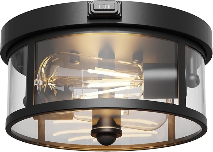 Outdoor Ceiling Light with Motion Sensor 9.3in - Porch Lights Outdoor, E26 Base, Flush Mount, 360° Detection, 3 Modes (Auto/Dusk to Dawn/Always-on), Farmhouse Ceiling Light for Porch, Entryway