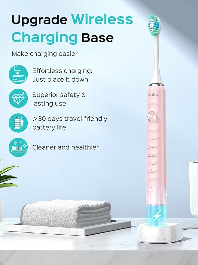 COSLUS Sonic Electric Toothbrush for Adults: 47000 VPM for Deep Cleaning & Whitening with Travel Case - 5 Modes for Sensitive Teeth & Braces, Wireless Charging, 6 Brush Heads, Pink & Green (2PCS)