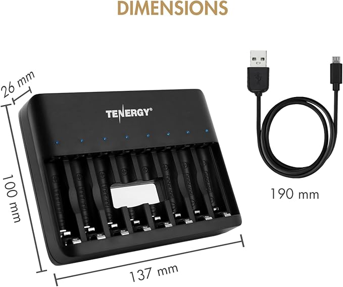 Tenergy TN477U 8-Bay Fast Charger with 8 Pack AA Premium Pro Rechargeable Batteries