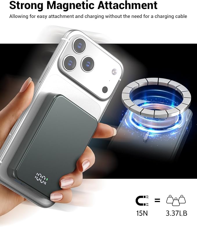 Magnetic Portable Charger for Magsafe Power Bank, 26800mAh 20W PD Large Capacity Aluminum Alloy USB-C in&Out Wireless Fast Charging Battery Pack for iPhone 17Pro Max/16/15/14/13/12 Series, Silver Gray