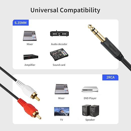 SiYear Gold-Plated 6.35mm 1/4 inch Male TRS Stereo Plug to 2 RCA Phono Male Audio Y Splitter Cable,Connector Wire Cord Plug (1.5M)