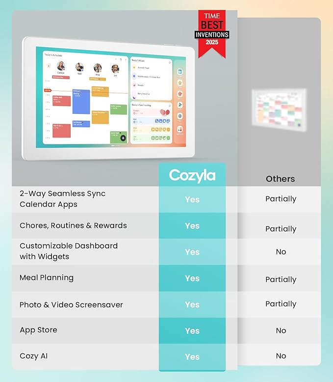 Cozyla Digital Calendar+ 2: 15.6'' Wall Planner Touch Screen Chore Chart Customize Dashboard Smart Electronic Calendar for Family Schedules Meal Planner Support App Store with Stand White