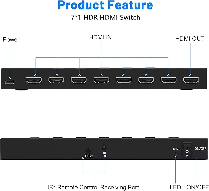 HDMI Switch 7 in 1 Out 4K@60Hz, 7 Port HDMI Switcher Selector Support HDR & HDCP 2.2 & Full 3D Compitable with Nintendo Switch,Xbox PS5/4,Fire Stick,Roku,Apple TV for Gaming & Home Entertainment