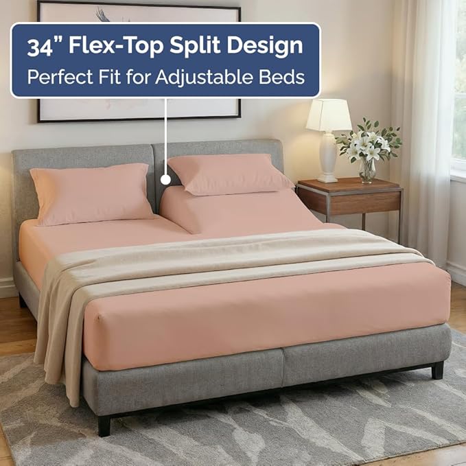 Split Head King Sheet Set – 4 Piece Flex Split Top King Sheets for Adjustable Beds - Fits 14” to 16" Mattress w/ Deep Pockets - Ultra-Soft, Breathable & Cooling - Luxury Bedding & Wrinkle Free - Mauve