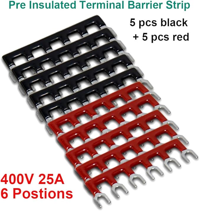 MILAPEAK Terminal Block and Strip - 5pcs 6 Positions 600V 25A Dual Row Screw Terminal Strip with Cover + 10pcs 400V 25A 6 Positions Pre-Insulated Terminal Barrier Jumper Strips Black & Red