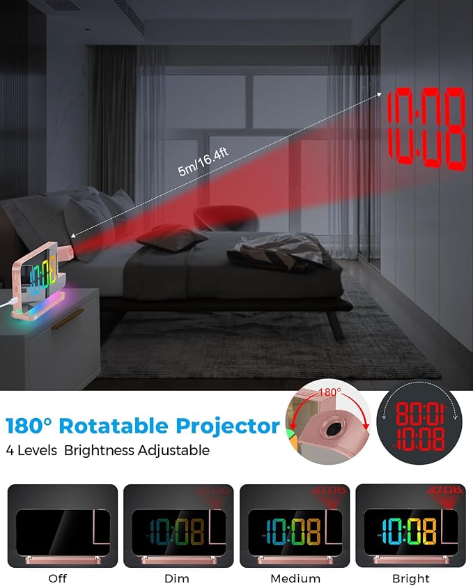 SZELAM Projection Alarm Clock,7.4 in LED Mirror Digital Clocks Projection on Ceiling Wall,with RGB Night Light,USB C Charging Port,Auto Dimming,Modern Desk Clock for Bedroom Decor - Rose Gold