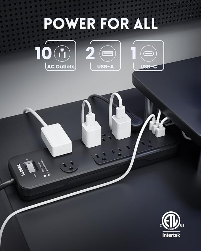 Surge Protector Power Strip 15FT, PLUGTUL Surge Protector with 10 Outlets - Spacious Design for Large Plugs, Flat Plug, 20W USB C Charging for Home, Office, ETL Listed, 2040J
