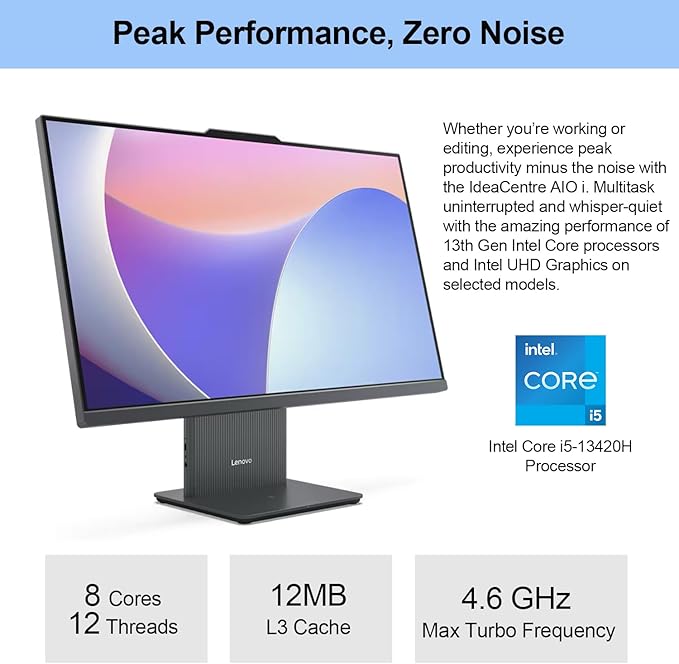 Lenovo 2024 IdeaCentre I Business All-in-One, 27" FHD Touchscreen 100Hz, Intel Core i5-13420H, 32GB DDR5 RAM, 2TB SSD, Wireless Charging Base, Wireless KB & Mouse, Wi-Fi 6, Windows 11 Pro, Grey