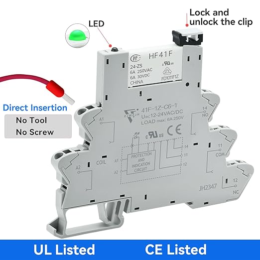 UL Listed 10Pcs Electromagnetic Relay for PLC;24V Relay Din Rail; 24VDC and 24VAC Both; SPDT 6 Amp Push in Socket Screw-Free Wiring