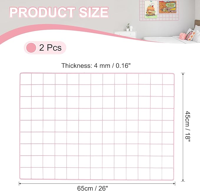 PATIKIL 18"x26" Wire Grid Panel, 2 Pack Board Photo Pictures Memo Display Grid Panels Hanging Organizer Wall Decorative Panel for Home Office Wedding, Pink