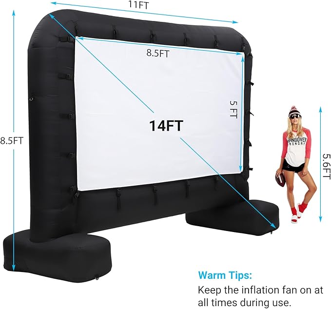 14Ft Inflatable Movie Projector Screen, Outdoor Movie Screen with Quiet Air Blower & Storage Bag, Supports Front/Rear Projection, Easy Setup, Ideal for Home Theater, Movie Nights