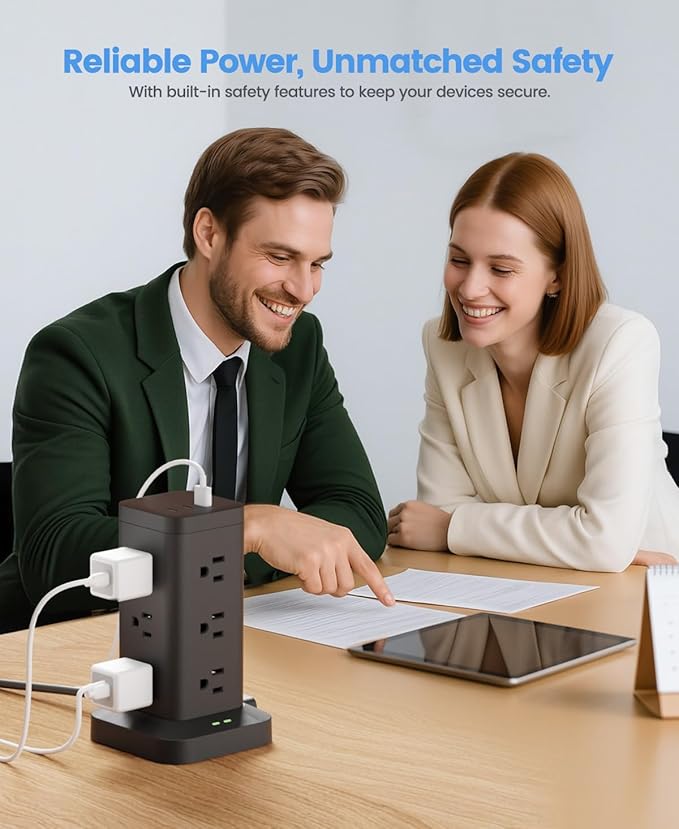 Tagzilo 15-in-1 Power Strip Tower with Surge Protector 1800J, Fast Charging Tower PD20W USB-C Ports with 12 AC Outlets, 9.8ft Extension Cord for Home Office Dorm Room, Black