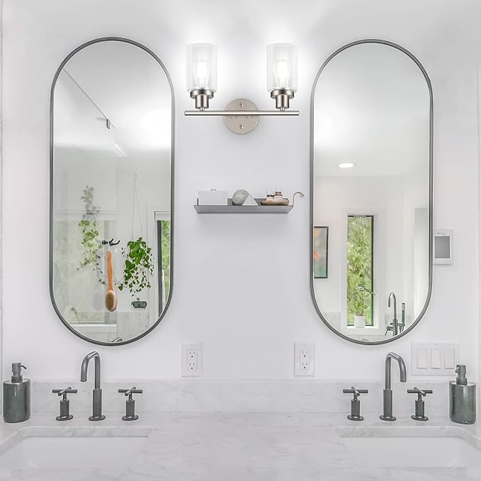 Unicozin 2 Light Vanity Lights, Brushed Nickel Wall Sconce Light with Clear Glass, Bathroom Light Fixtures, Wall Lights for Mirror, Living Room, Bedroom, Hallway, E26 Base (Bulbs Not Included)