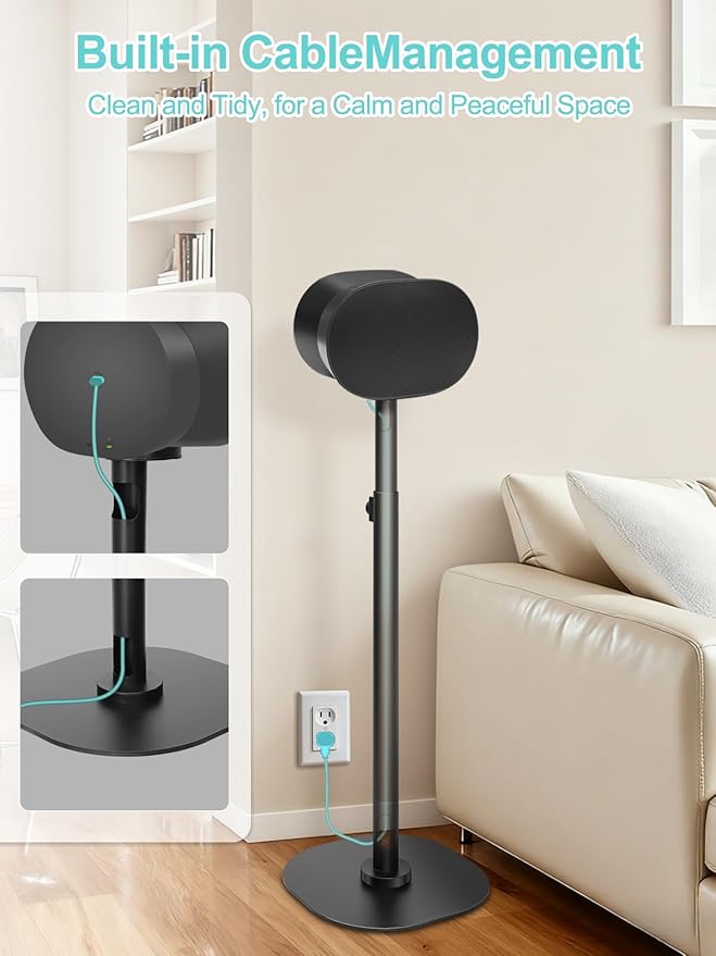 Haturi Speaker Stands Pair for Sonos ERA 100 & 300 Adjustable 22”–42” Floor Stands with Cable Management Heavy Duty Metal Construction Non Slip Base for Living Room Bedroom Office