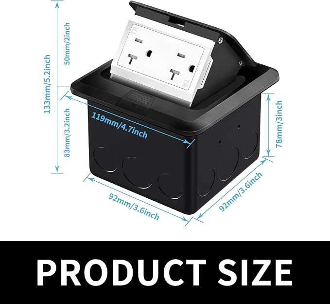 Vagueior Recessed Floor Electrical Outlet Kit,Waterproof Electrical Outlet Covcer Box,Hidden 20A Tamper-Resistant Receptacle Outlet with Slow Elastic Damping，ETL Certified,Black(2 Pack)