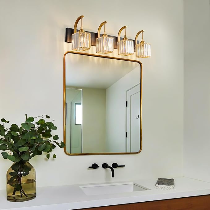 FDPBY Crystal Vanity Lights 4-Light Black Gold Bathroom Vanity Lights Modern Crystal Bathroom Light Fixtures Over Mirror 32.67" Long Vanity Light for Bathroom