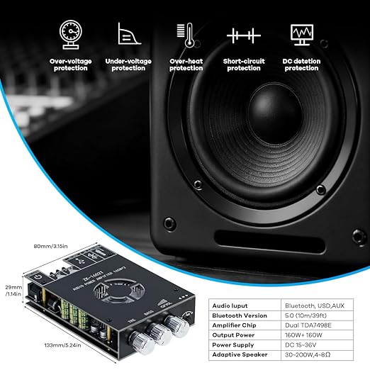 Hosyond ZK-1602T 2.0 Channel Bluetooth 5.0 Amplifier Board 160W+160W Stereo Audio Bluetooth Amp with Treble Bass Control for DIY Home Speakers