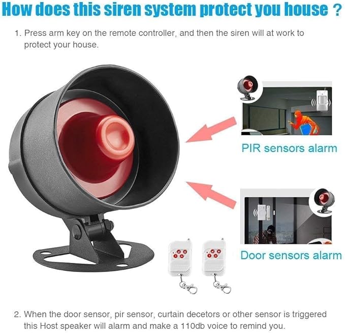 KERUI Standalone Home Office Shop Security Alarm System Kit,Wireless Loud Indoor/Outdoor Weatherproof Siren Horn with Remote Control and Door Contact Sensor,Motion Sensor,Up to 115db,NO WiFi/GSM/APP