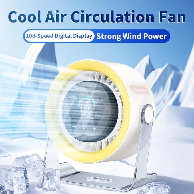 Coolhill USB Desk Fan for Bedroom: 100 Speeds Digital Display Quiet Table Fan with Turbo Airflow, 120° Rotating Small Rechargeable Battery Desktop Fans for Bedroom Home Office (Yellow)
