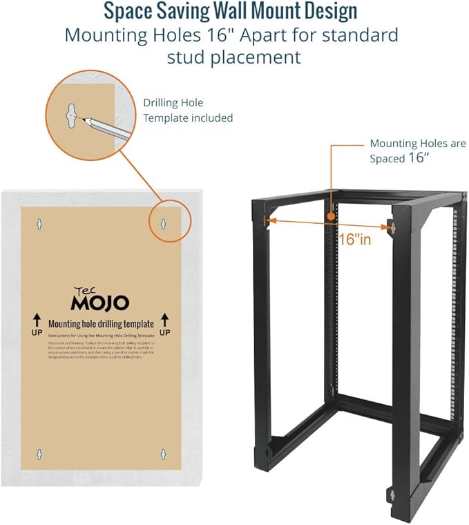 Tecmojo 18U Wall Mount Rack, Server Rack,Open Frame Server Rack,Network Rack for 19inch Computer/AV/Data/IT/Media Equipment,18inch Depth,16inch Apart Mounting Holes,Swing Gate,Square and Tapped Holes