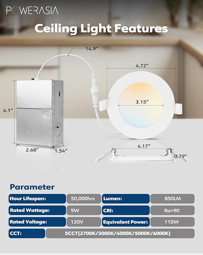 POWERASIA 24 Pack Recessed Lighting 4 Inch with Junction Box, 5CCT 4 Inch LED Recessed Lights Dimmable 2700K-6000K, 9W 850lm Ultra Thin Recessed Lighting - ETL and Energy Star Certified