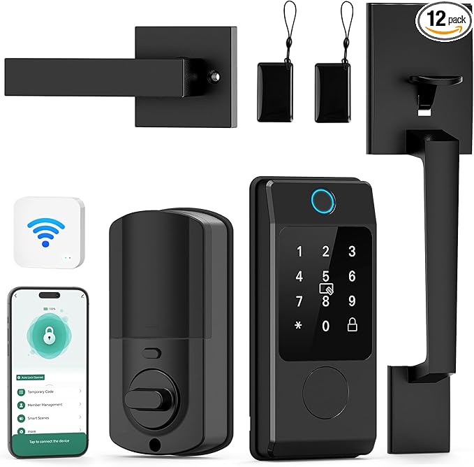 Miuedo WiFi Smart Locks for Front Door with Handle Sets, Keyless Entry Door Lock Fingerprint Deadbolt, Electronic Digital Touchscreen keypad, App Control, Easy to Install (Black)