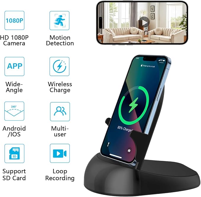 Alkaenum FHD 1080p Dome Camera WiFi Wireless Phone Charger,Indoor Security Camera with Motion Activated, (Rotate Lens) 250°Viewing Angle for Home Security(2.4/5G)