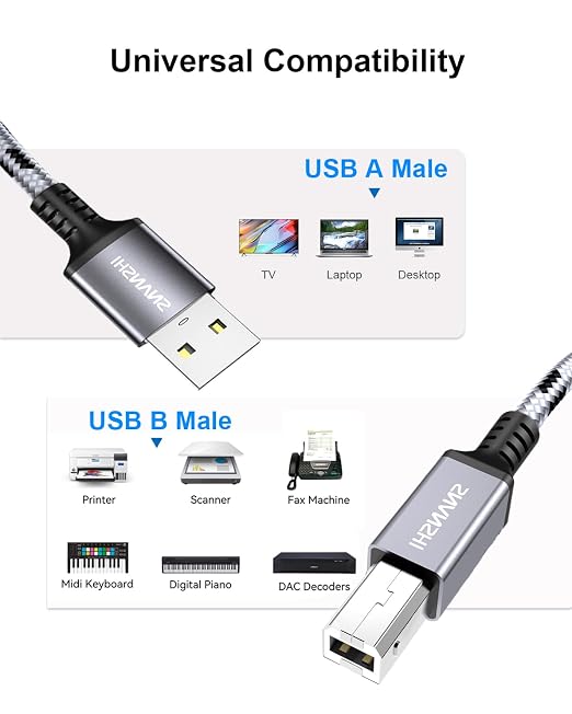 SNANSHI USB Printer Cable 20 feet, Nylon Braided USB 2.0 Type A to B Male - Image 7