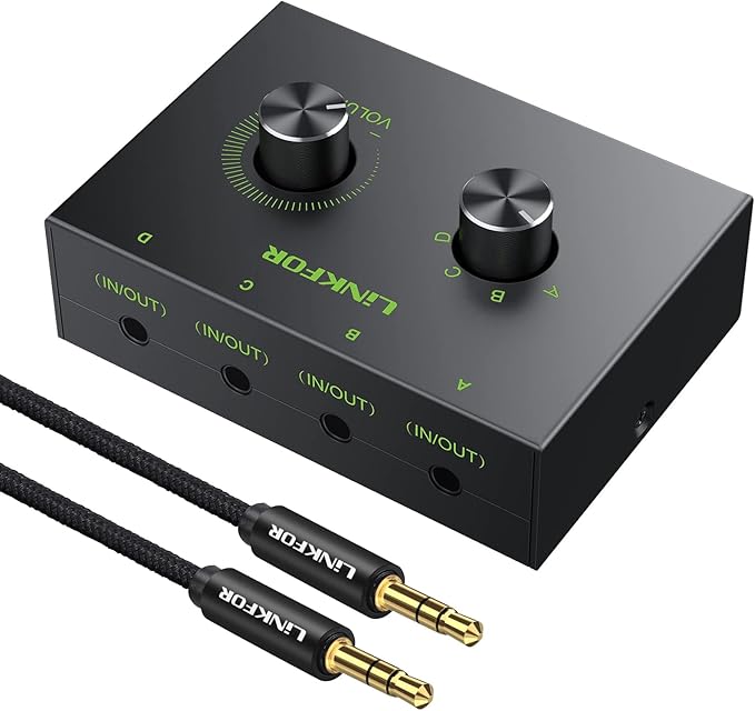LiNKFOR 4 Port 3.5mm Stereo Audio Switch, 4 Way Stereo Audio Selector, 4 Input 1 Output / 1 Input 4 Output Audio Splitter with Volume Control and 4 Channel Switch Knob