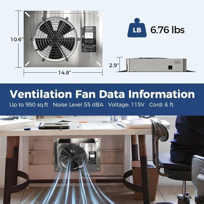ALORAIR 570 CFM Crawl Space Ventilator Fan with Digital control, IP55 Rated Stainless Steel Exhaust Fan with Temperature Humidity Controller, Timing Cycle, Speed Control for Basement, Garage, Attic