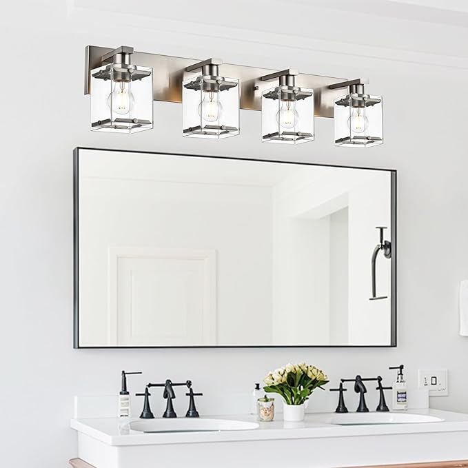 WINSHEN 4-Lights Bathroom Vanity Light Fixtures in Brushed Nickel, E26 Socket Wall Sconce Lighting Fixtures with Clear Glass Shades for Over Mirror Bedroom Living Room Cabinet