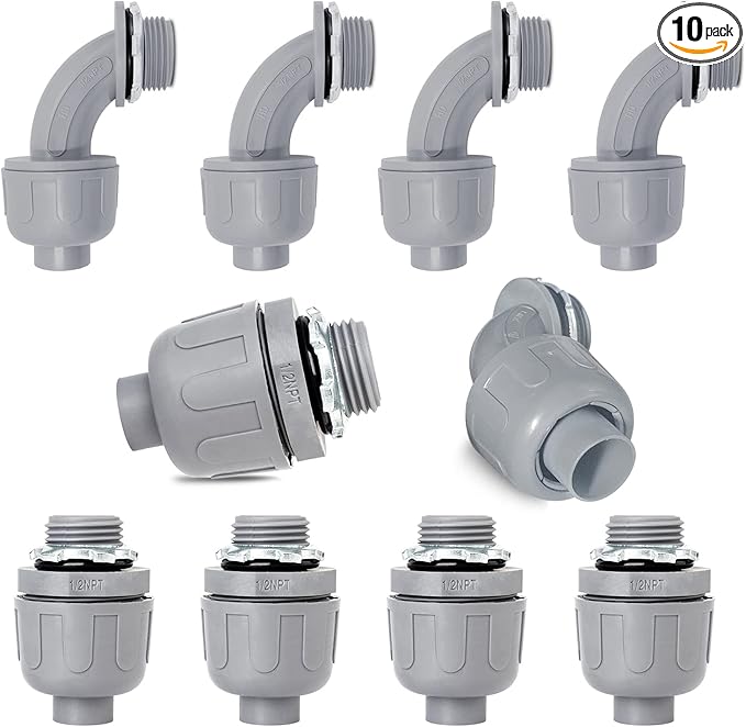 Wocloer 1/2 inch Liquid Tight Connector PVC Flexible Conduit Connector UL Listed Liquid Tight Conduit Fittings 10 Pack (5 pcs 180D/5 pcs 90D)