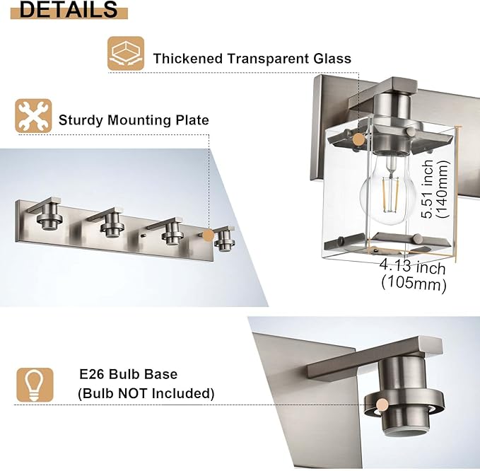 WINSHEN 3-Lights Bathroom Wall Light Fixtures E26 Bulb Base, Brushed Nickel Vanity Lighting Fixtures Over Mirror with Clear Glass Shades for Living Room Hallway Kitchen