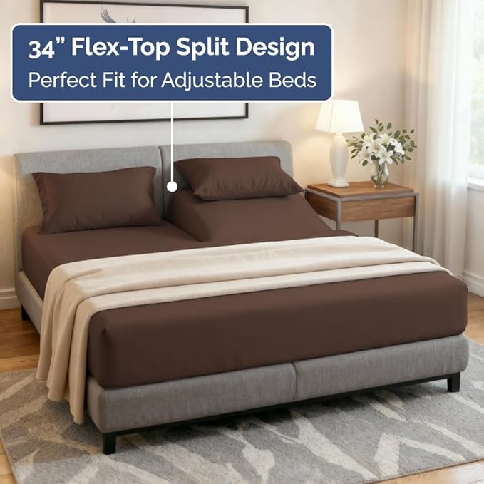 Split Head King Sheet Set – 4 Piece Flex Split Top King Sheets for Adjustable Beds - Fits 14” to 16" Mattress w/ Deep Pockets - Ultra-Soft, Breathable & Cooling - Luxury Bedding & Wrinkle Free - Brown