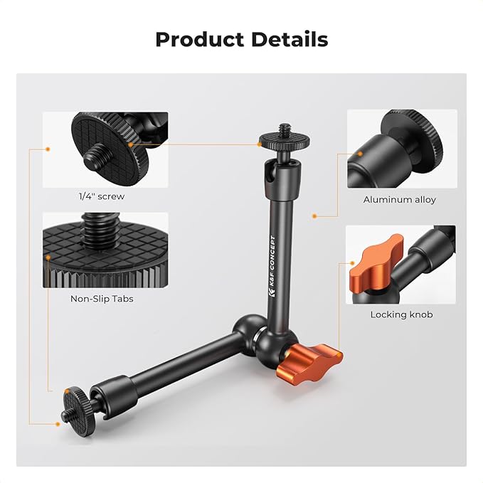 K&F CONCEPT 9.8" Magic Arm, 1/4" Screw Camera Mount Arm 360° Ball Heads for DSLRs, Monitor, Flash, LED Light, Microphone, Camera Cage, Action Camera