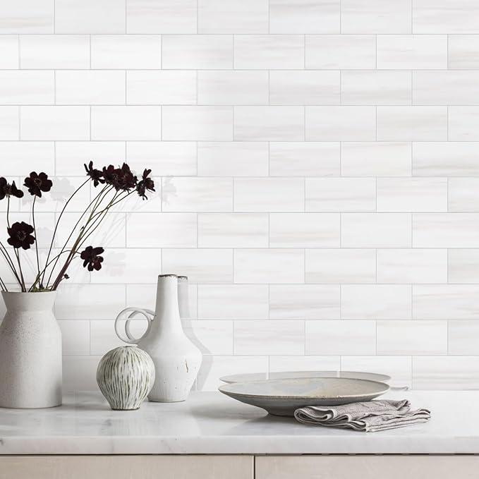 Vamos Tile 4-Piece Glossy Dolomite White Peel and Stick Backsplash Tile,3''x6'' PVC Subway Tile with White Grout, Stick on Backsplash for Kitchen/Bathroom/Fireplace