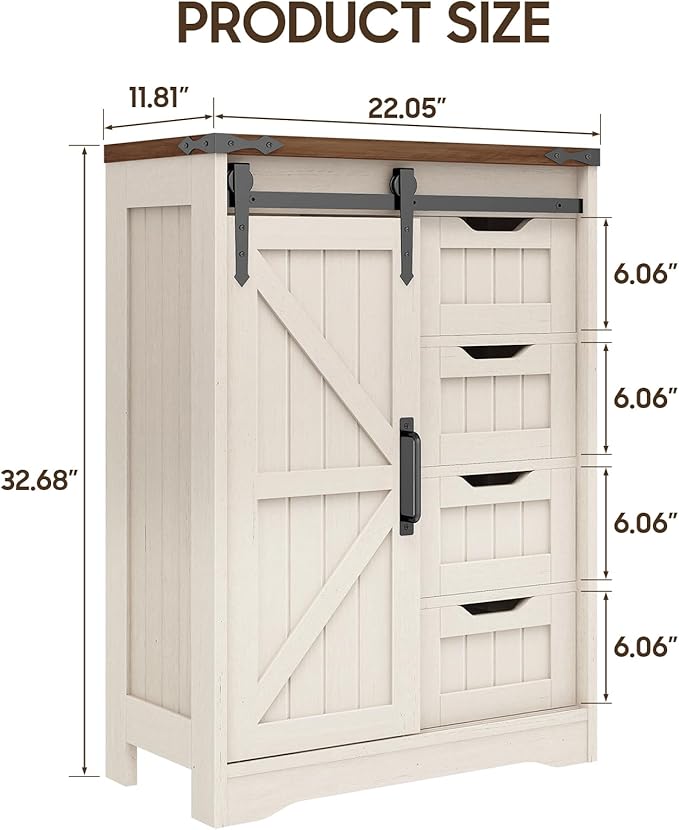 Farmhouse Bathroom Storage Cabinet, Bathroom Cabinet with 4 Drawers and Sliding Door, Farmhouse Floor Storage Organizer for Kitchen, Living Room, Rustic Style, White