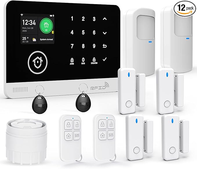 Home Security System, 4G/WiFi GSM SMS Wireless Home Alarm System with Motion Detector, 120dB Alarm Siren, Smart Remote Control, LCD Display, Compatible with Alexa and Google(12 Pieces)