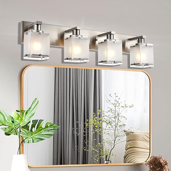 WINSHEN 4-Lights Bathroom Light Fixtures Over Mirror, Brushed Nickel Vanity Wall Mounted Lighting with Frosted Glass for Kitchen Living Room, E26 Bulb Base