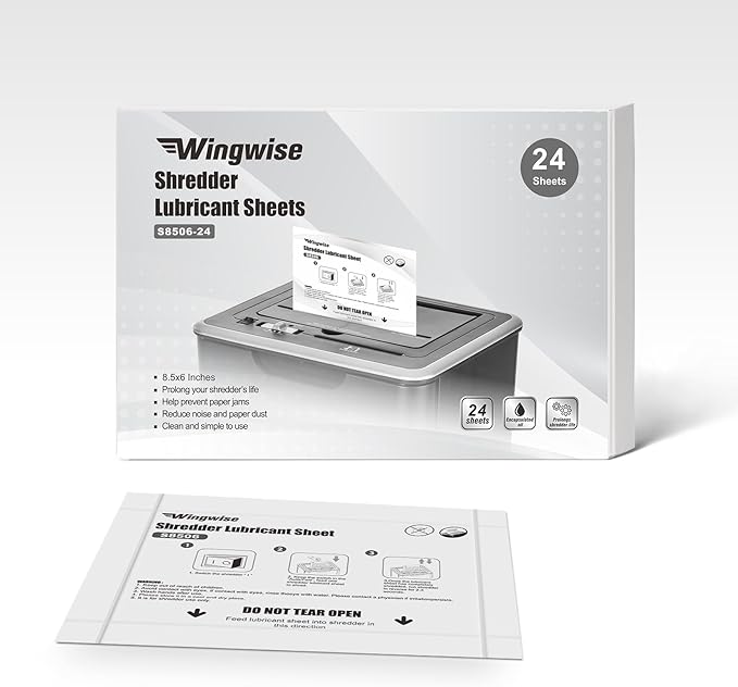 Wingwise 24-Pack Shredder Lubricant Sheets, 8.5 x 6 Inches, Sharpens Blades & Prevents Jams, Mess-Free Maintenance for Home and Office Use