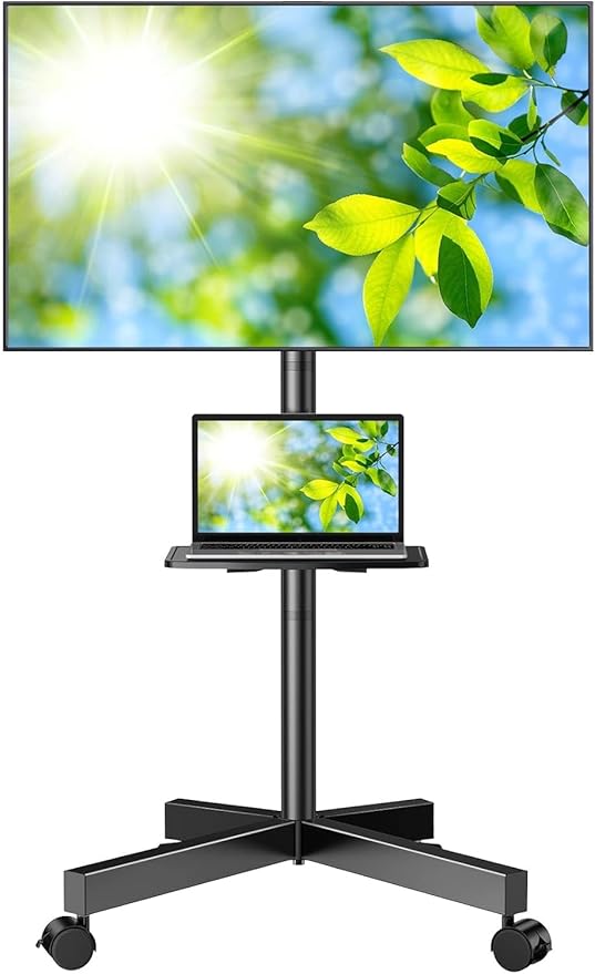 PERLESMITH Mobile TV Stand for 23-60 Inch LCD LED Flat/Curved Screen TVs, Tilt TV Cart Holds up to 88Lbs, Portable TV Stand with Laptop Shelf, Rolling TV Floor Stand Max VESA 400x400mm (PSTVMC06)