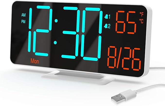 KOSUMOSU Desk Clock, 6.7in Small Digital Clock for Bedroom, Auto Dimming, Room Temperature, Day of The Week, Seconds, Date, LED Clocks for Living Room, Alarm Clocks for Bedrooms