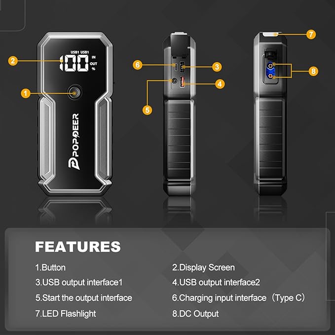 POPDEER Car Battery Jump Starter, 3000A Jump Box (All Gas/ 8.0L Diesel), 12V Car Battery Charger with Dual USB Quick Charge and DC Output, Portable Jump Starter with LED Flashlight