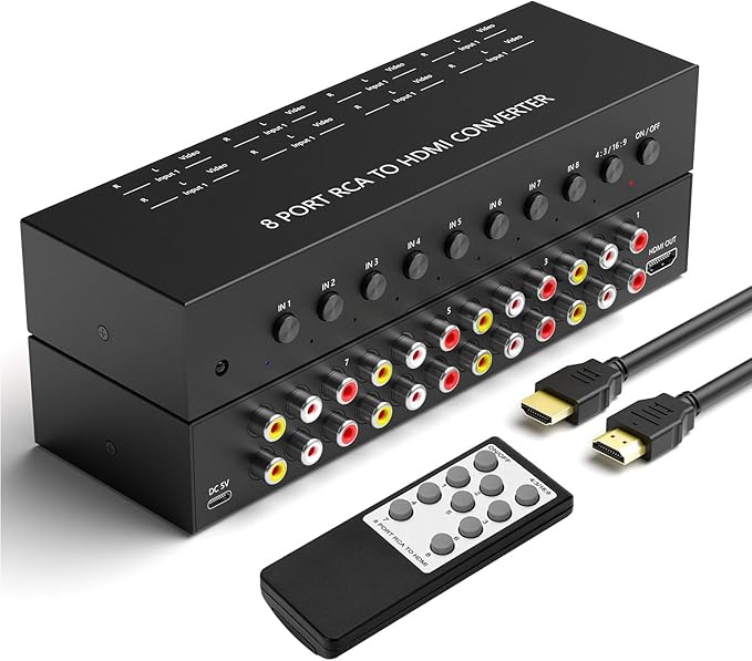 8 Port RCA to HDMI Converter 1080P/720P RCA Composite CVBS AV Switch to HDMI Converter Adapter Support 4:3/16:9 Switch, for Sega Xbox PS1 PS2 PS3 N64 NGC SNES WII VHS VCR Camera DVD(With Remote）