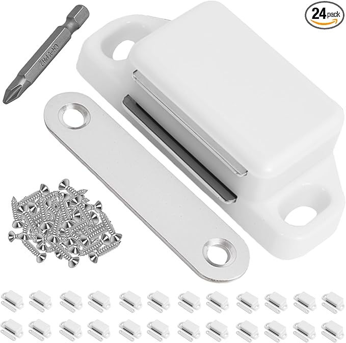 24 Pack Magnetic Push Latch,Heavy Duty Magnetic Touch Latch,for Push to Open Cabinet or Kitchen Drawer, Kitchen Door(White - 0.98 inch, 24 Pack)