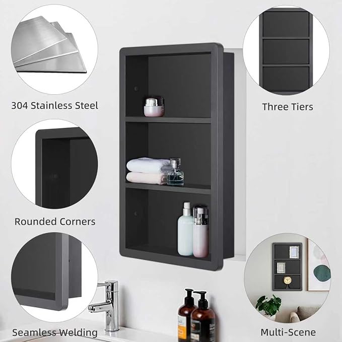 Recessed Medicine Cabinet No Mirror - 14x24 Bathroom Storage Wall Cabinet with 2 Shelves, 304 Stainless Steel Shower Niche, Matte Black Waterproof for Bathroom, Toilet, Vanity