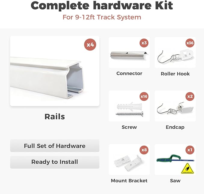 ChadMade Aluminum Ceiling Curtain Track Set with Hooks, 9ft - 12ft Adjustable Length Ceiling/Wall Mount Curtain Rail System For Grommet/Pleated Drape, RV Ceiling Track, White