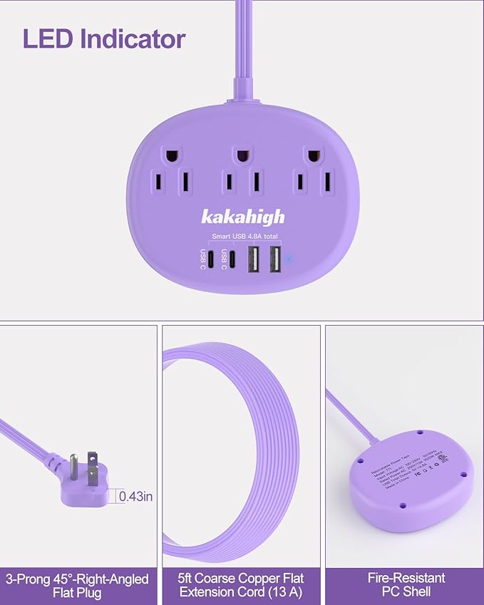 Purple Extension Cord with Surge Protected 1080J - 5 FT Flat Power Strip, 1625W Cute Extension Cord with 3 AC Outlet 4 USB (24W/4.8A), Compact for Cute Purple Kawaii Lavender Accessories