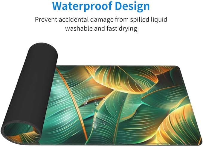 CANFLASHION Desk Pad,Office Desk Mat 31.5"×11.8" Large Gaming Mouse Pad,Durable Extended Computer Mouse Pad,Waterproof Thick Big Mouse Pads with Non-Slip Rubber Base Office Home Gold Green Palm Leaves